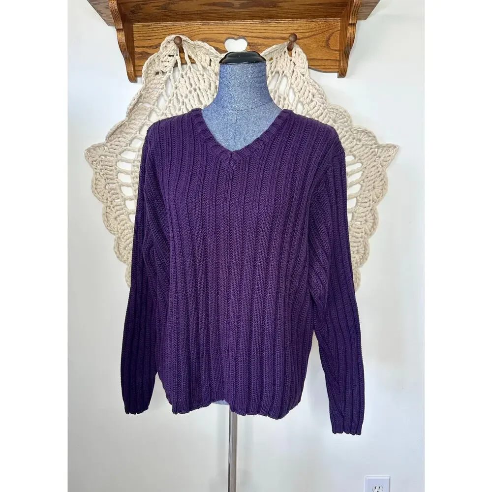 Eddie Bauer Cotton Ribbed Purple V Neck Sweater Size Large